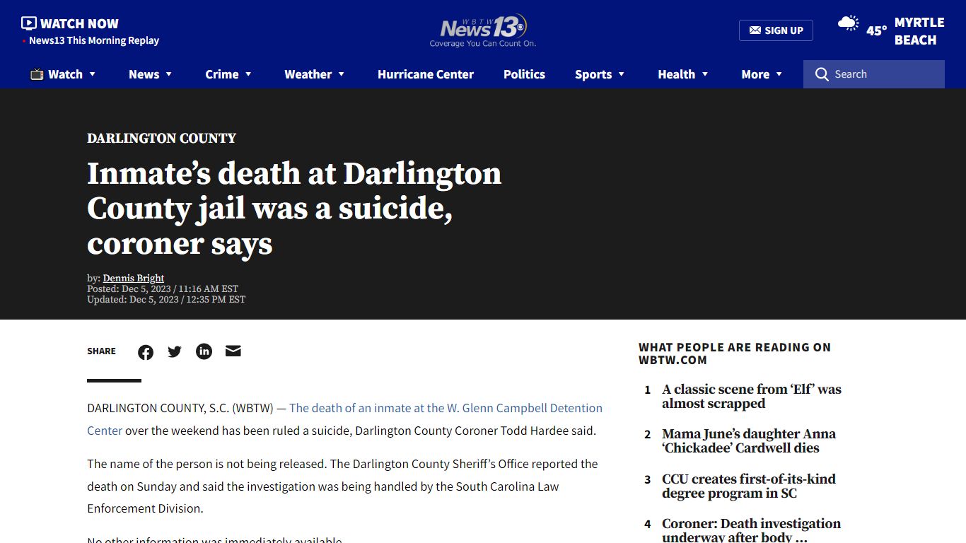 Inmate’s death at Darlington County jail was a suicide ... - WBTW